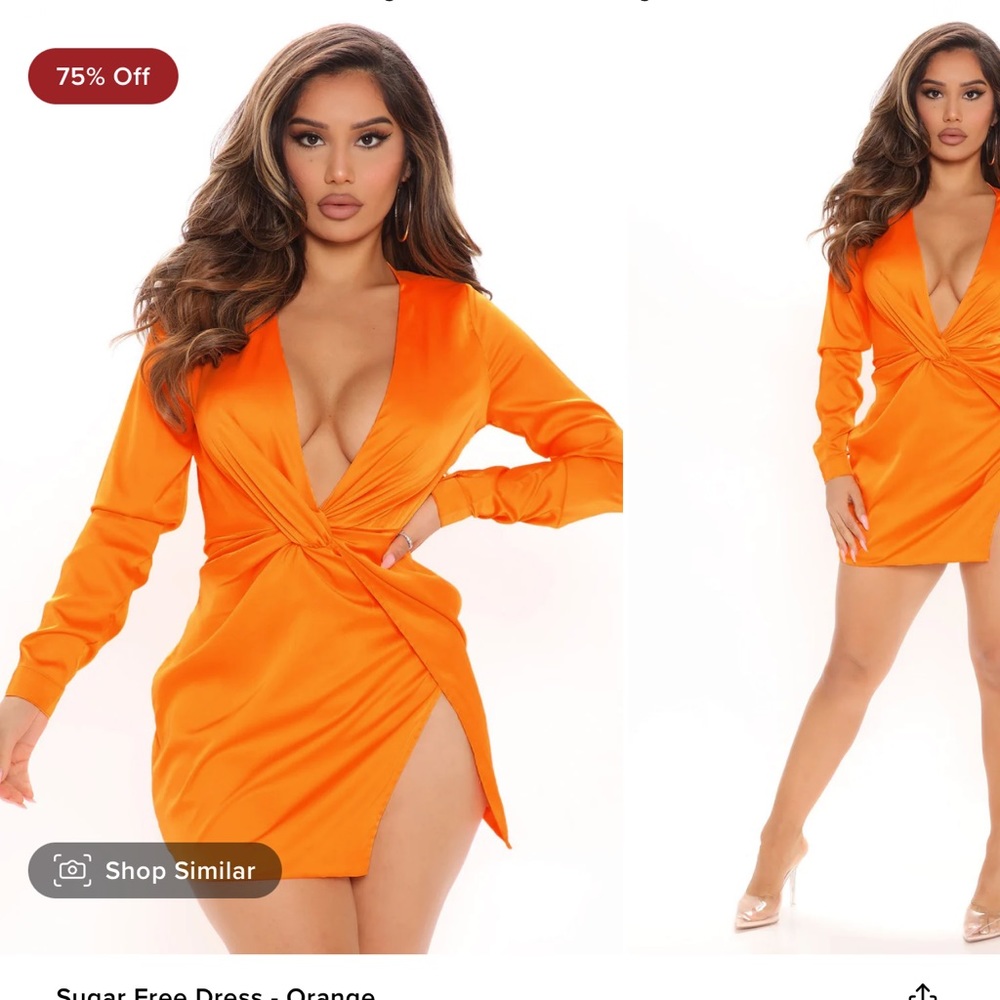 ORANGE SATIN DEEP V NECKLINE DRESS